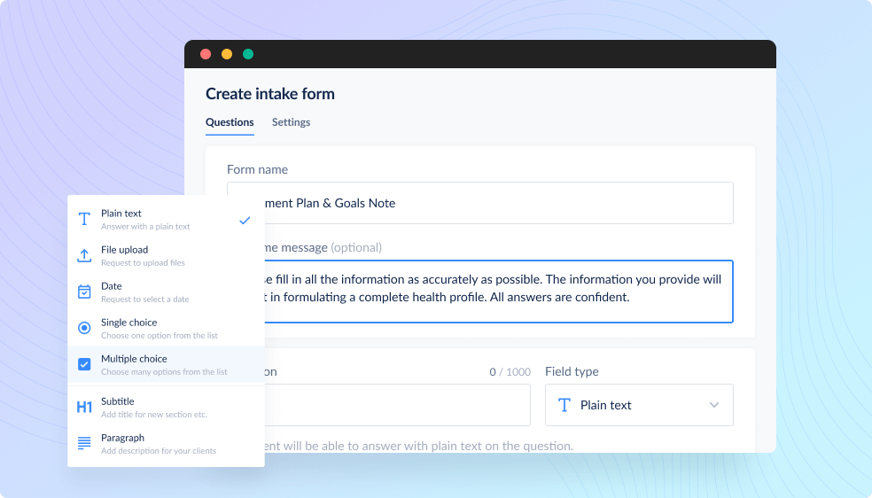 Build and send intake forms